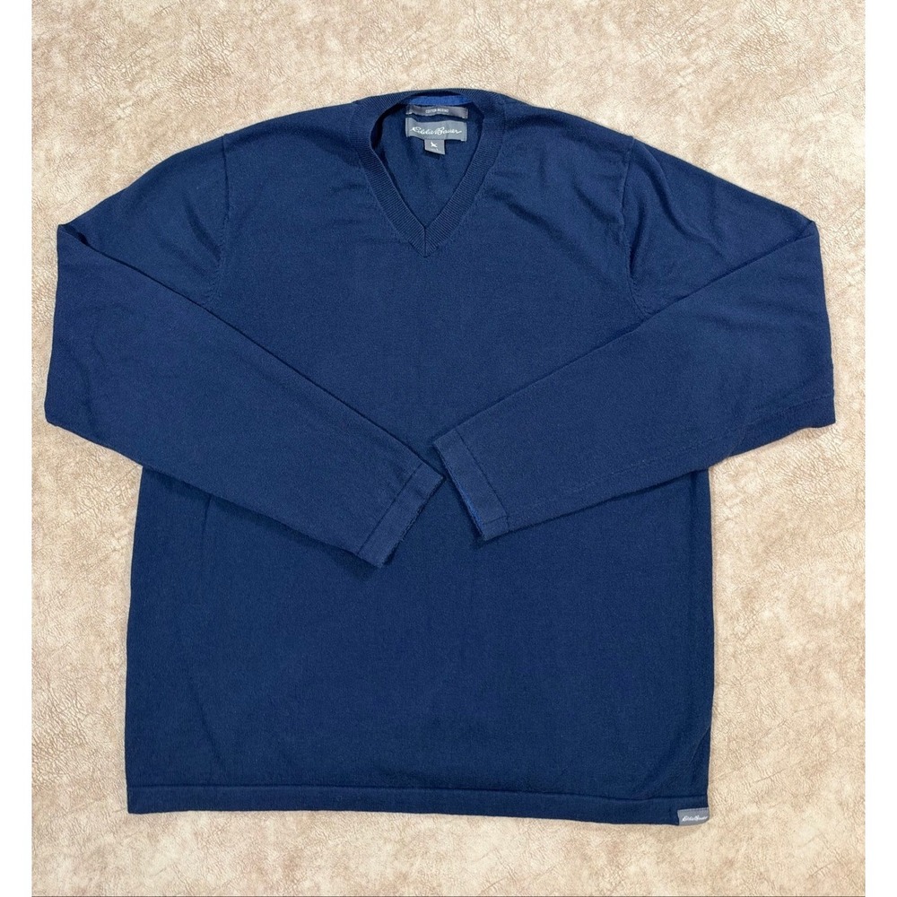 Eddie Bauer V Neck Sweater Navy Cotton Merino Mens L